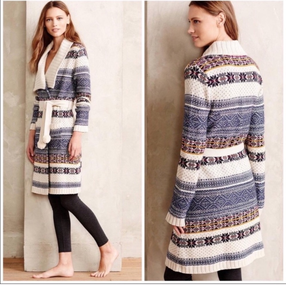 Anthropologie Cream and Blue Fair Isle Shawl-Collar Cardigan